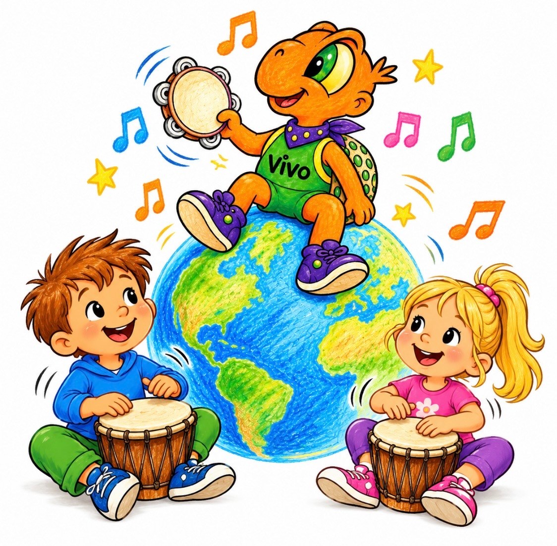 Vivo, die Handpuppe, sitzt auf der Weltkugel und musiziert mit zwei Kindern an Trommeln